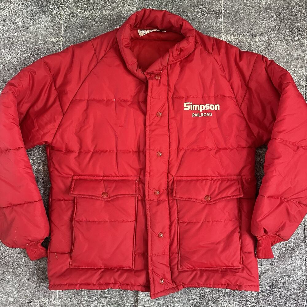 Men's Vintage 70's King Louie Simpson Railroad Red Puffer Zip Coach Jacket Sz L